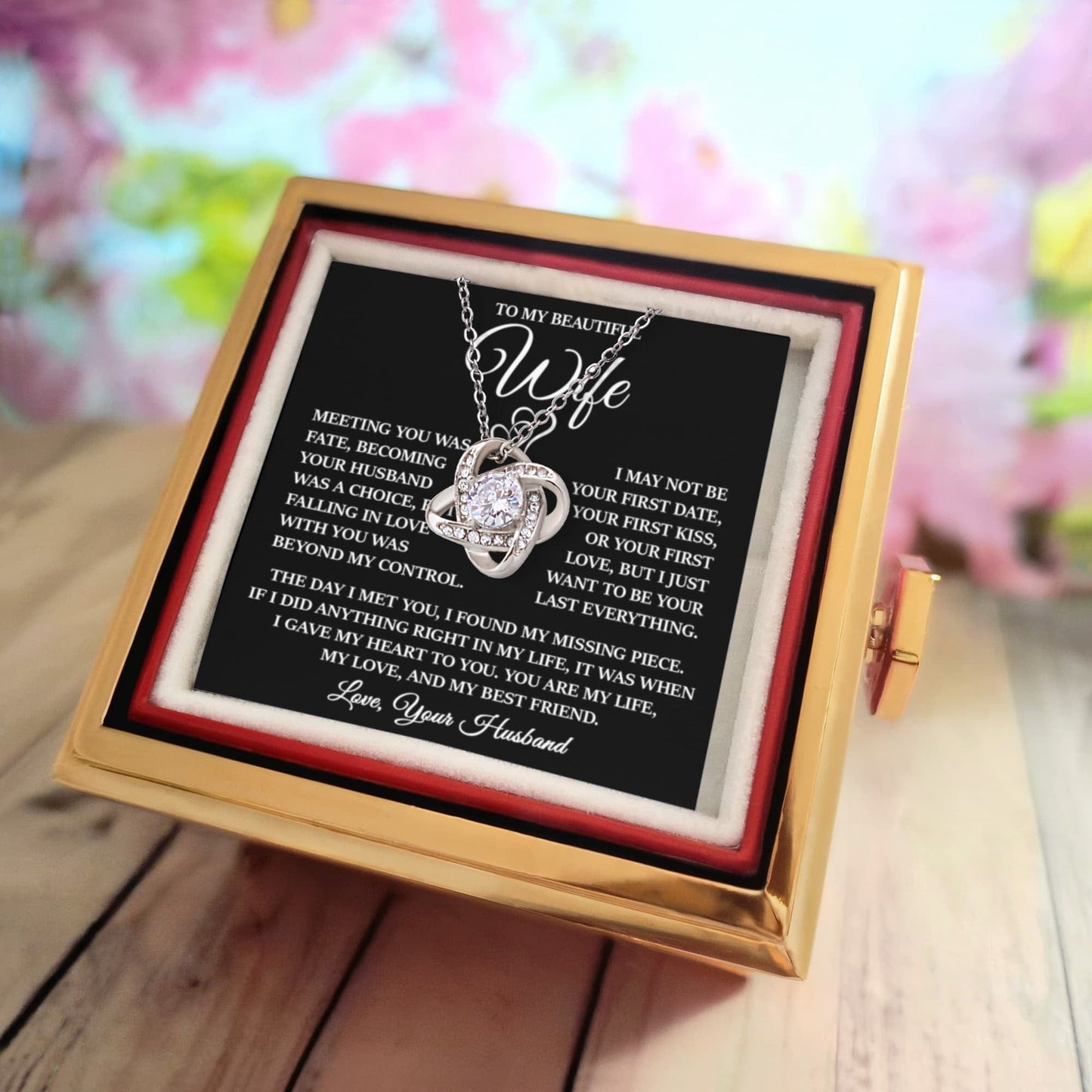 To My Beautiful Wife "Meeting You Was Fate" Love Knot Necklace with Rotating Rose Gift Box