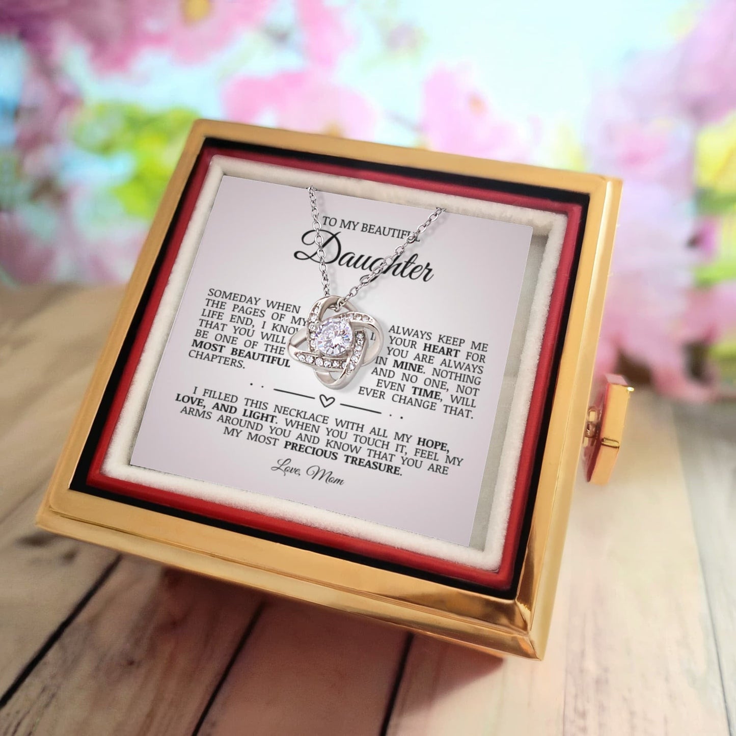To My Beautiful Daughter "Always Keep Me In Your Heart" Love Knot Necklace with Rotating Gift Box