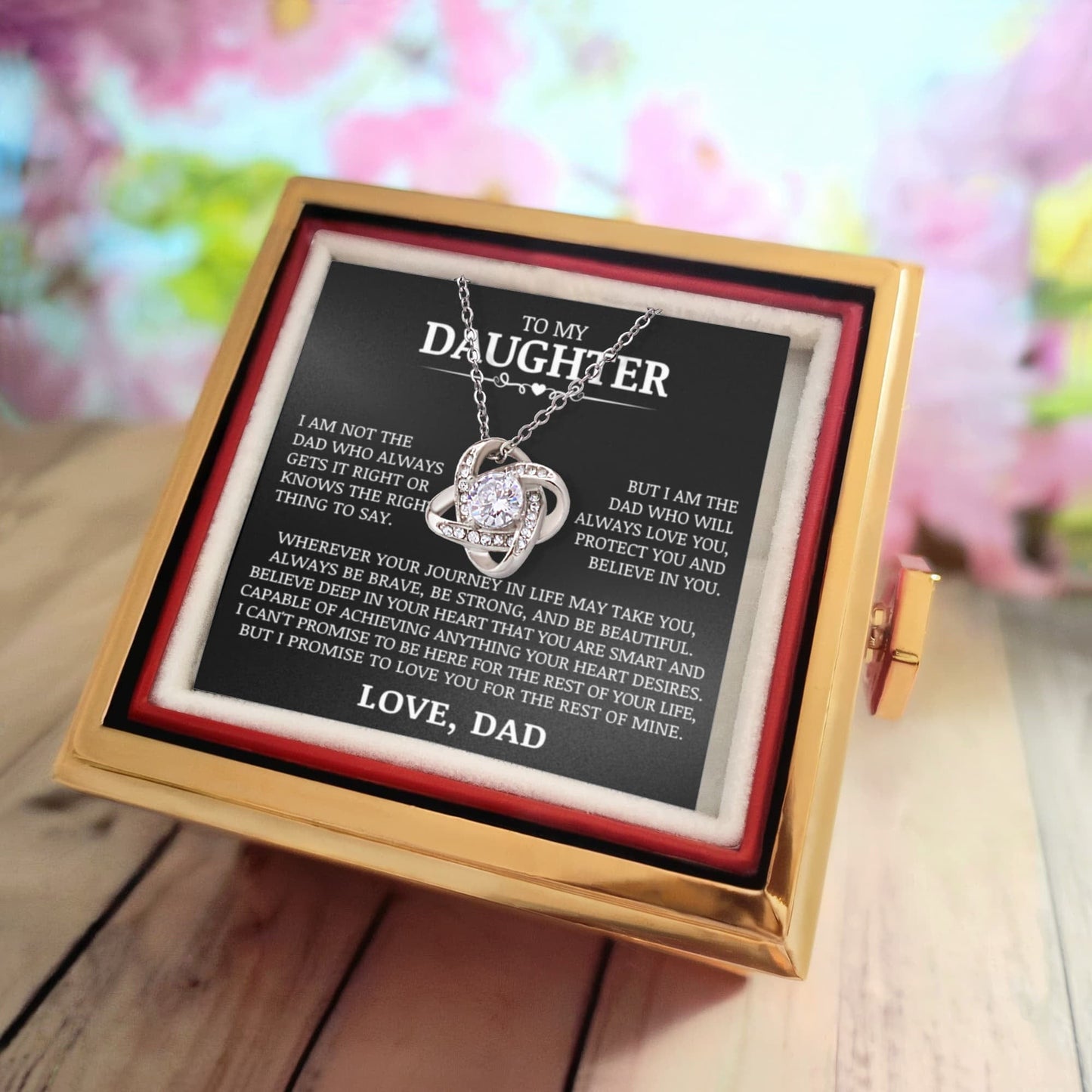 To My Daughter "Love You, Protect You and Believe In You" Love Knot Necklace with Preserved Red Rose