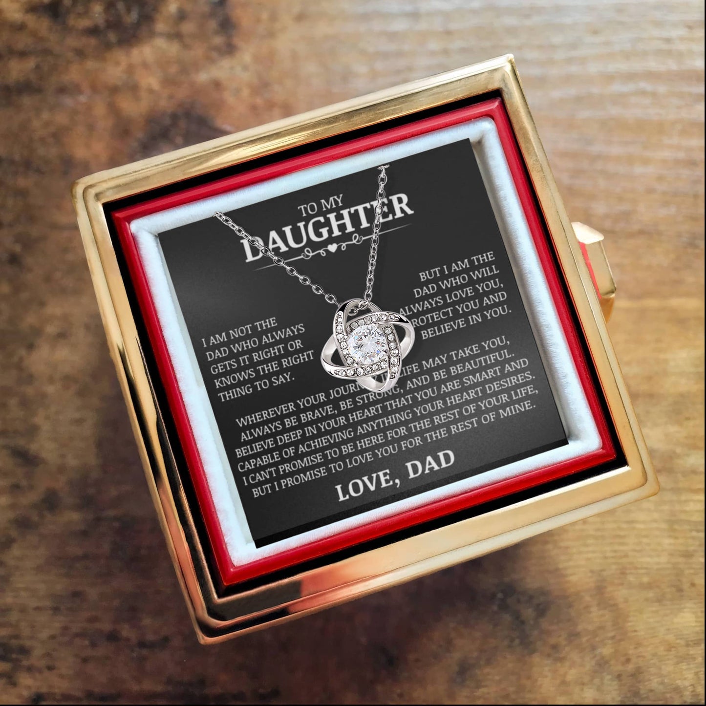To My Daughter "Love You, Protect You and Believe In You" Love Knot Necklace with Preserved Red Rose