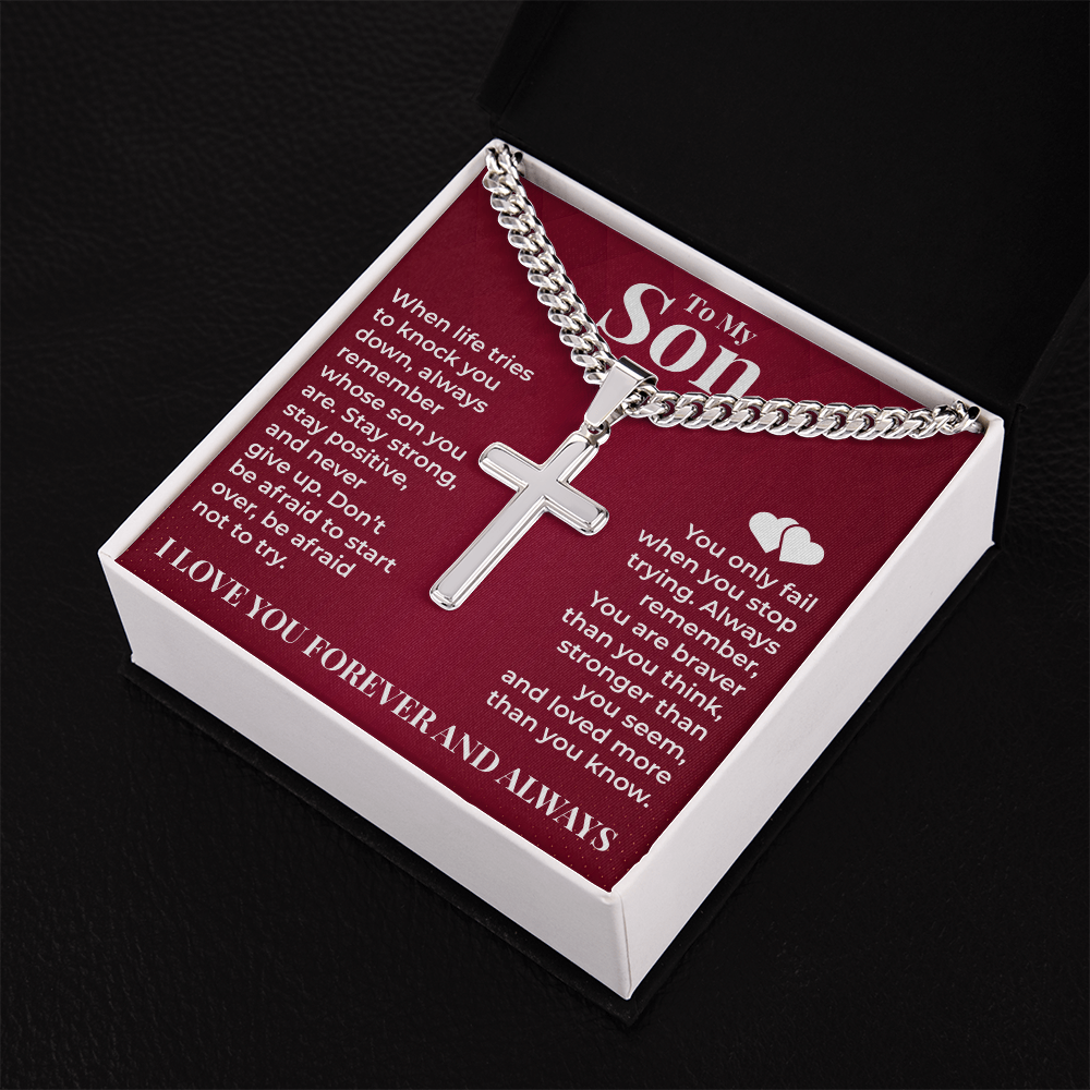 Cuban Chain with Cross Necklace - To My Son "Stay Strong"