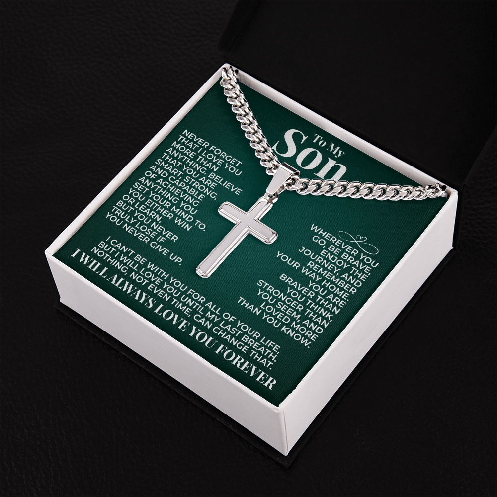 Cuban Chain with Cross Necklace - To My Son "You Are Braver Than You Think"
