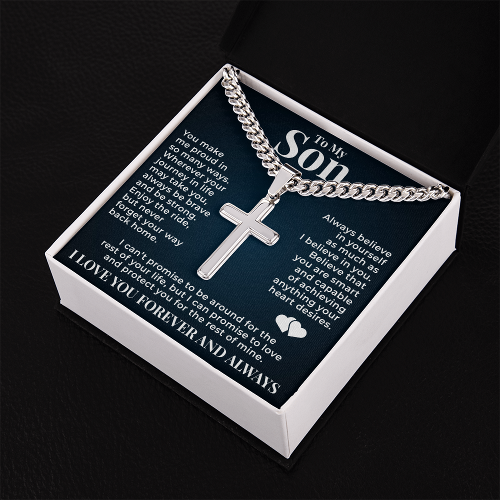 Cuban  Chain with Cross Necklace - To My Son "Always Be Brave"