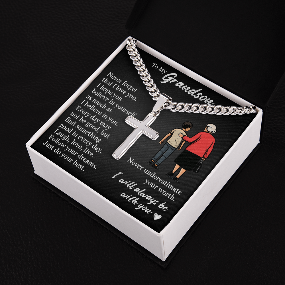 Cross Cuban Link Chain - To My Grandson "Never Underestimate Your Worth"