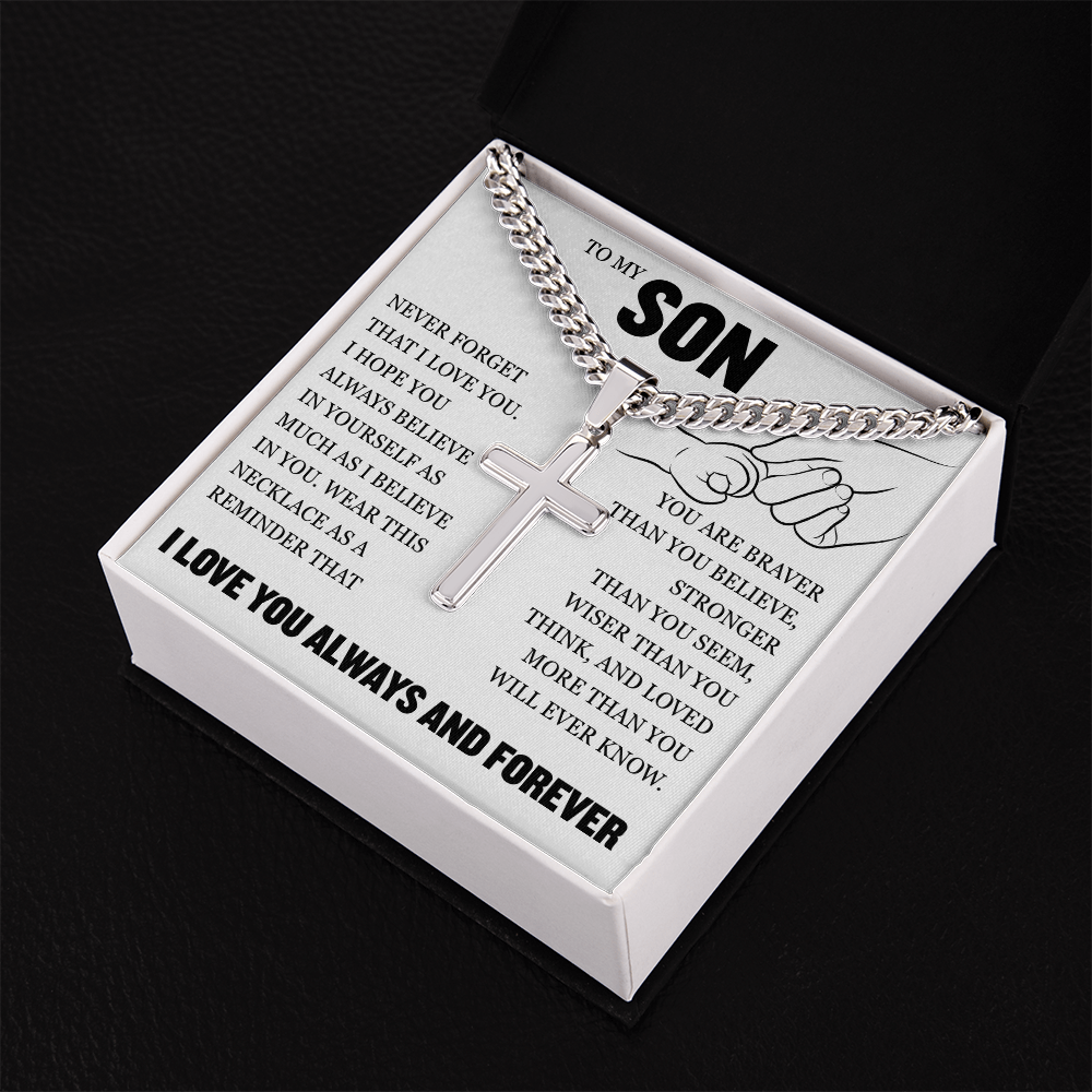 Cross Cuban Link Chain - To My Son "Never Forget That I Love You"