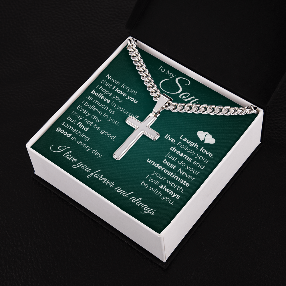 Cuban Chain with Cross Necklace -  To My Son "Never Forget That I Love You"