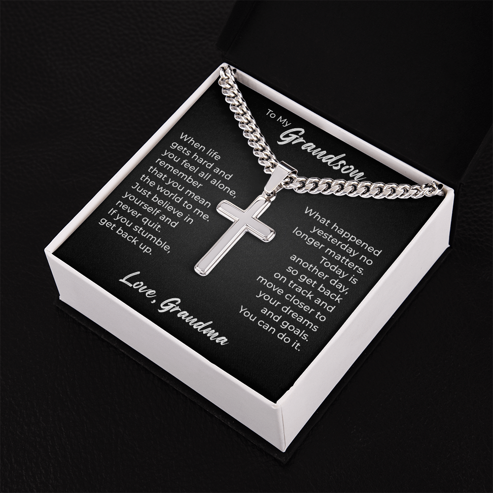 Cross Cuban Link Chain - To My Grandson "You Mean The World To Me"