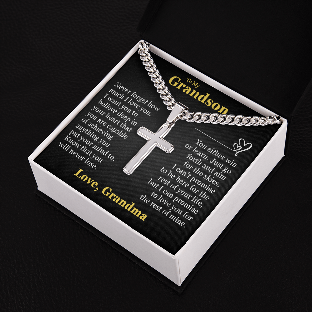 Cross Cuban Link Chain - To My Grandson "You Either Win or Learn"