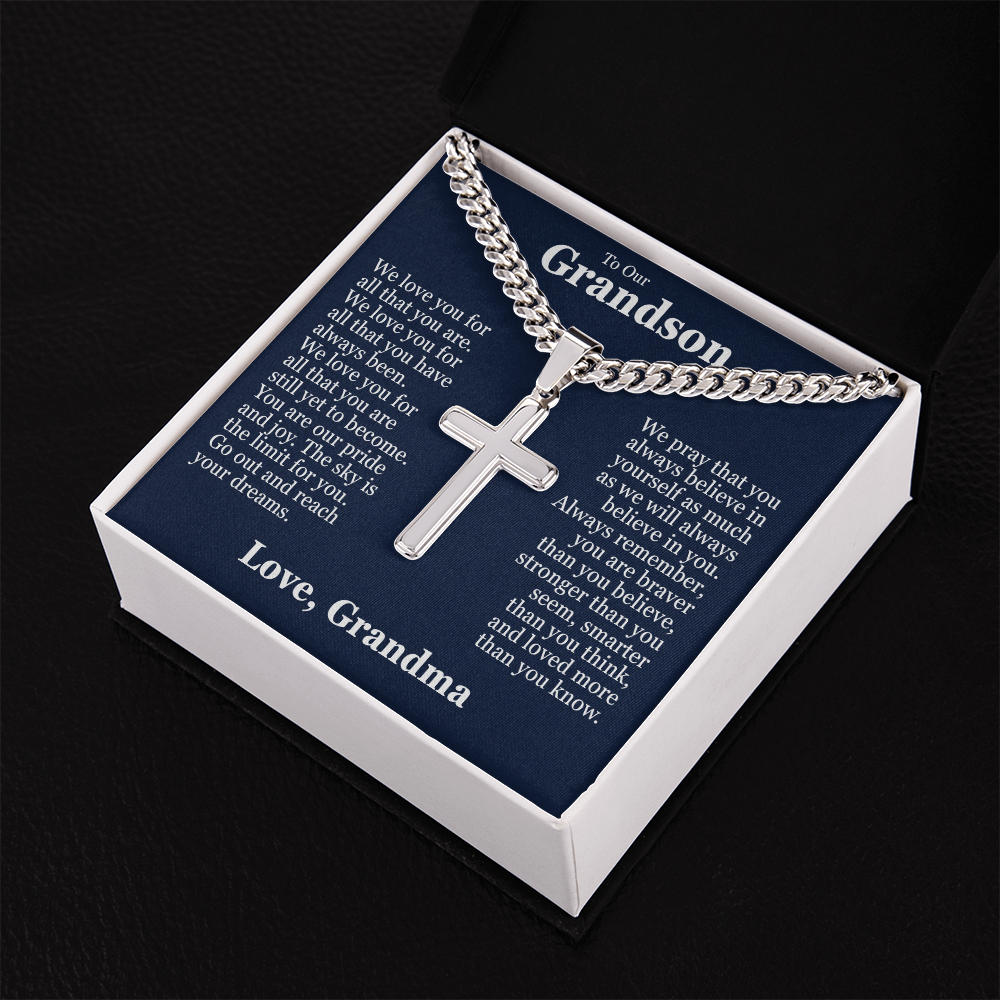 Cross Cuban Link Chain - To Our Grandson "We Love You"