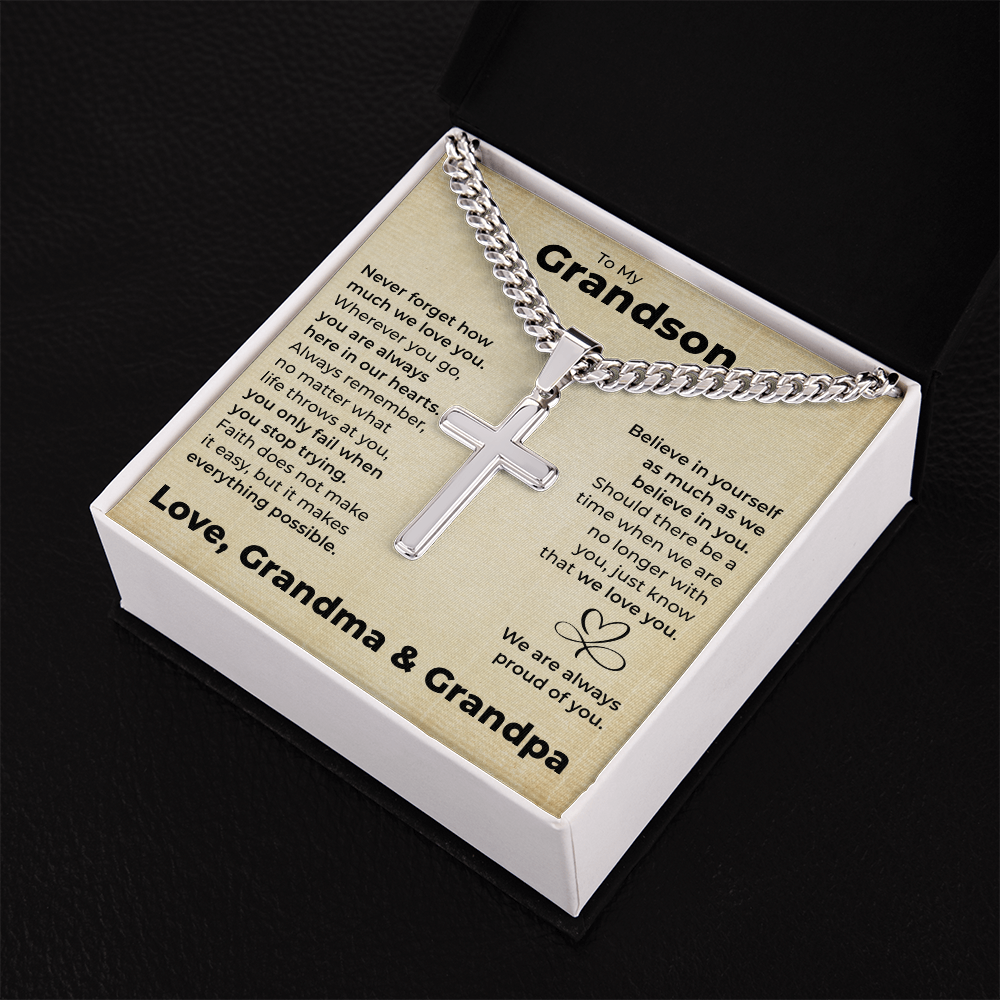 Cross Cuban Link Chain - To My Grandson "You Are Always in Our Hearts"