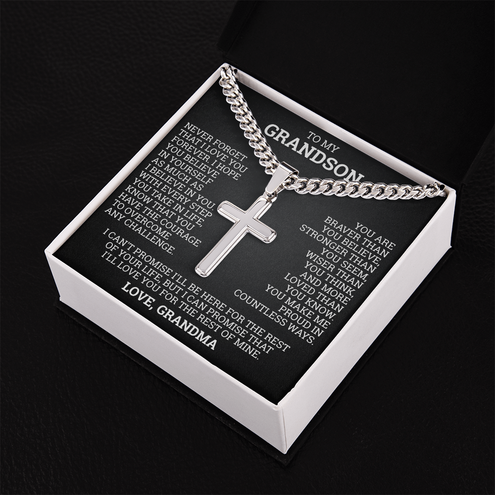 Cross Cuban Link Chain - To My Grandson "You Are Braver Than You Believe"