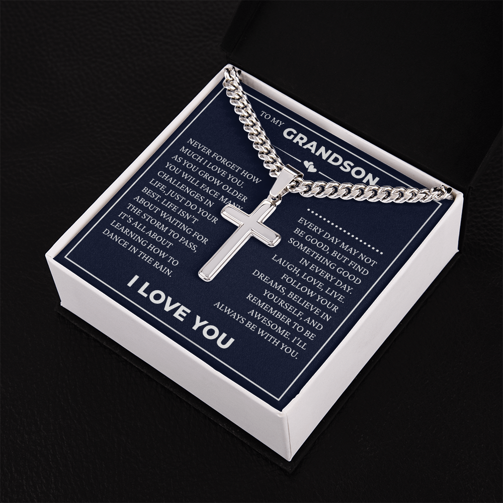 Cuban Chain with Cross Necklace - To My Grandson "I'll Always Be with You"