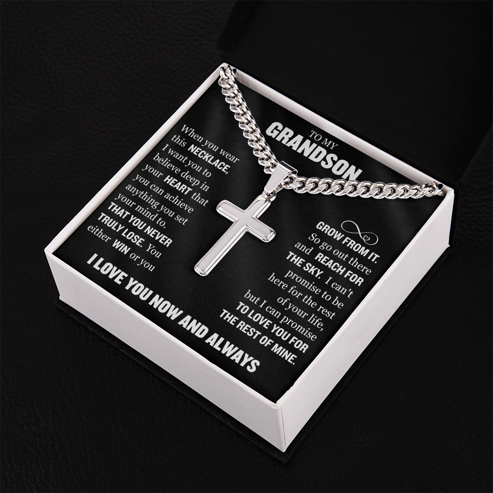 Cross Cuban Link Chain - To My Grandson "You Either Win or You Grow From It"