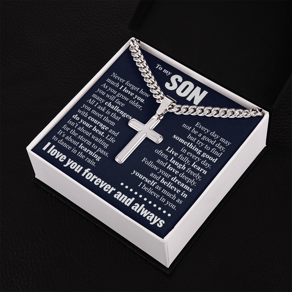 Cross Cuban Link Chain - To My Son "Never Forget How Much I Love You"