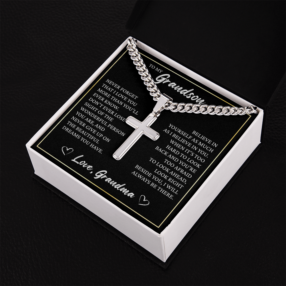 Cuban Chain with Cross Necklace - To My Grandson "Believe in Yourself"