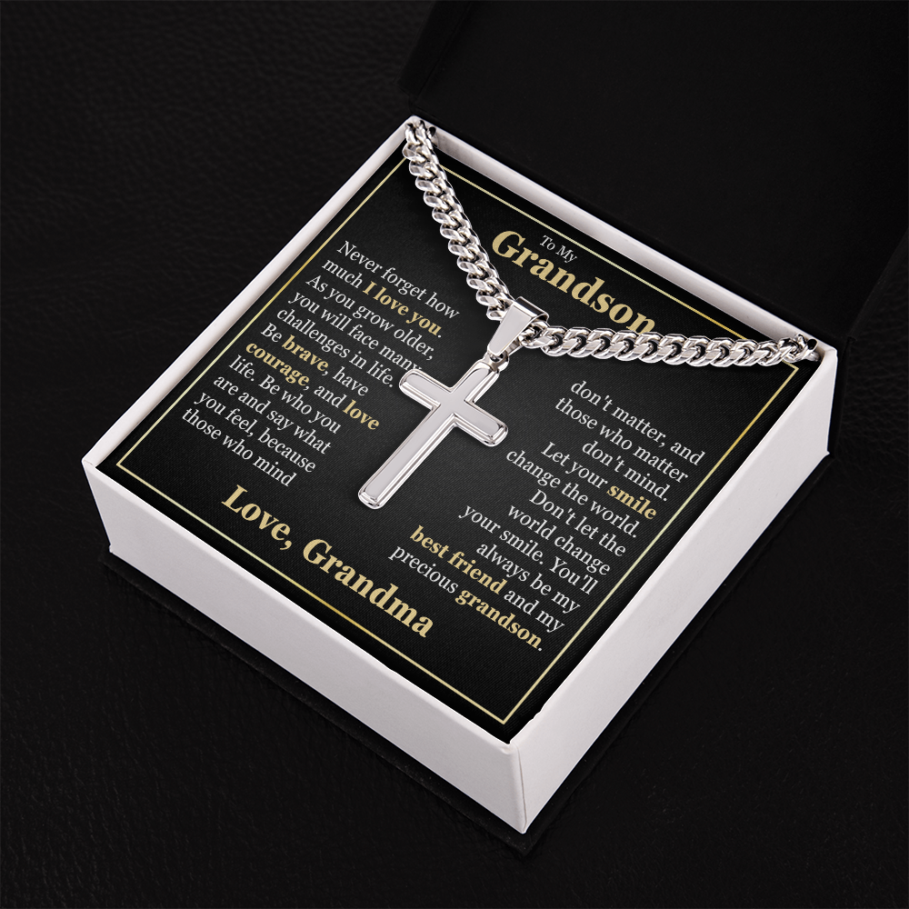 Cross Cuban Link Chain - To My Grandson "Be Brave, Have Courage, and Love Life"