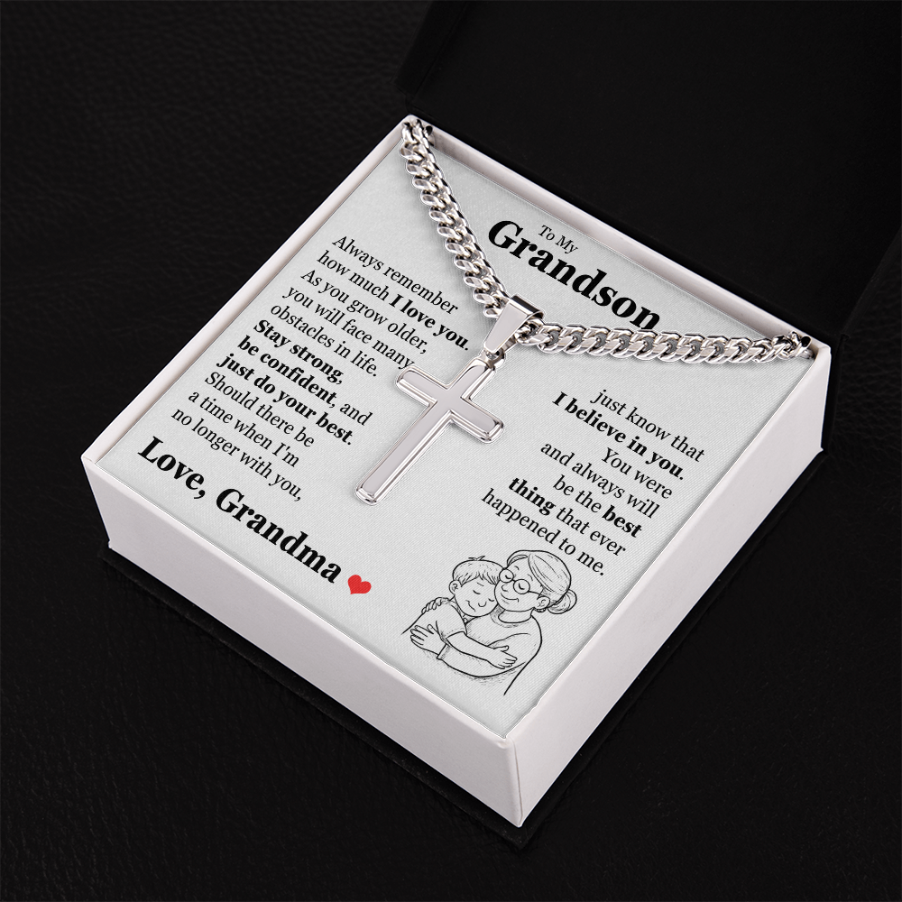 Cross Cuban Link Chain - To My Grandson "Always Remember How Much I Love You"