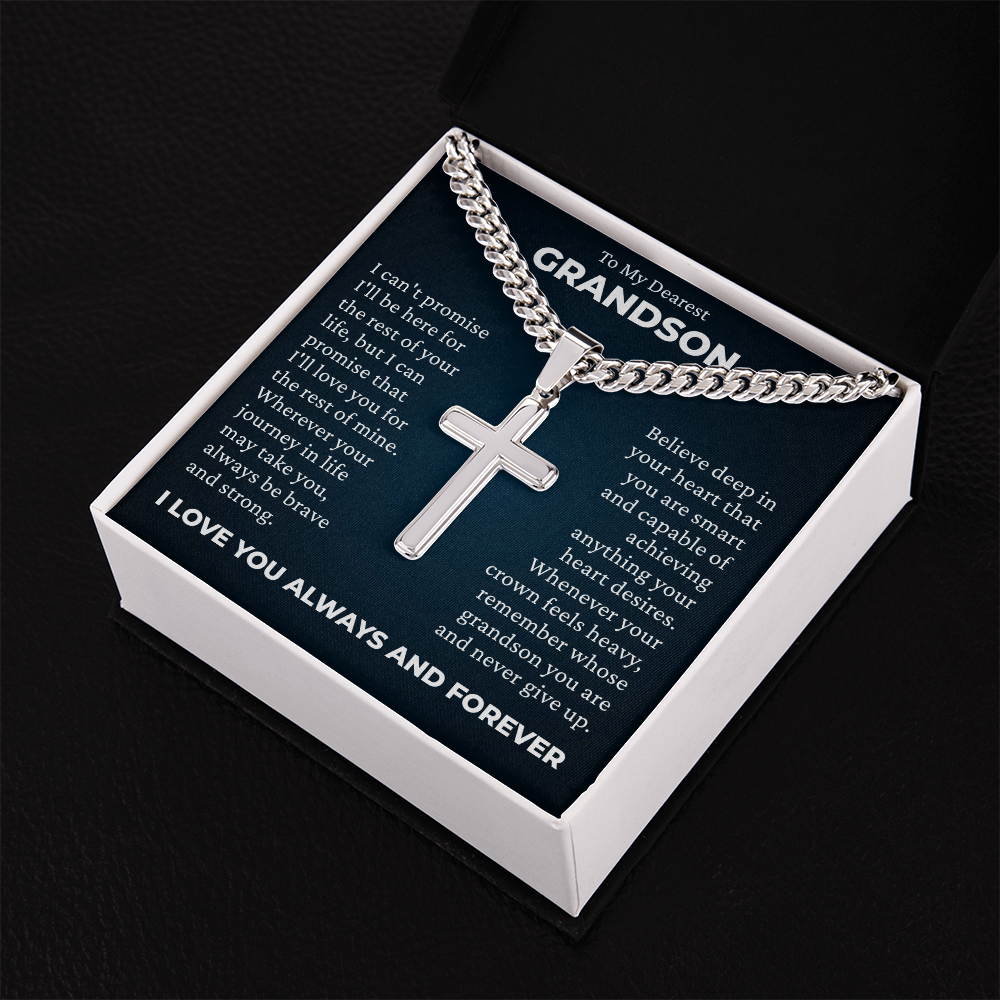Cross Cuban Link Chain - To My Grandson "Always Be Brave and Strong"