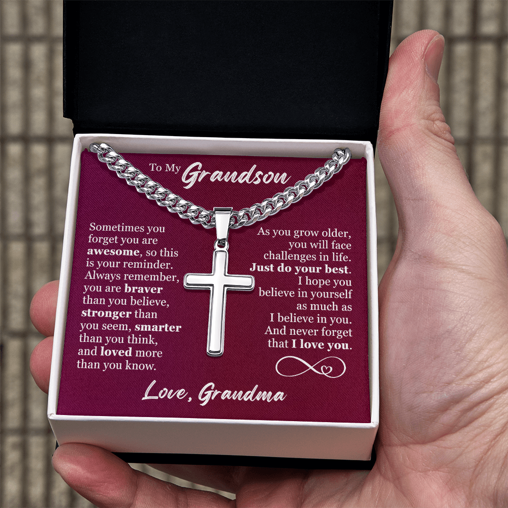Cross Cuban Link Chain - To My Grandson "Just Do Your Best"