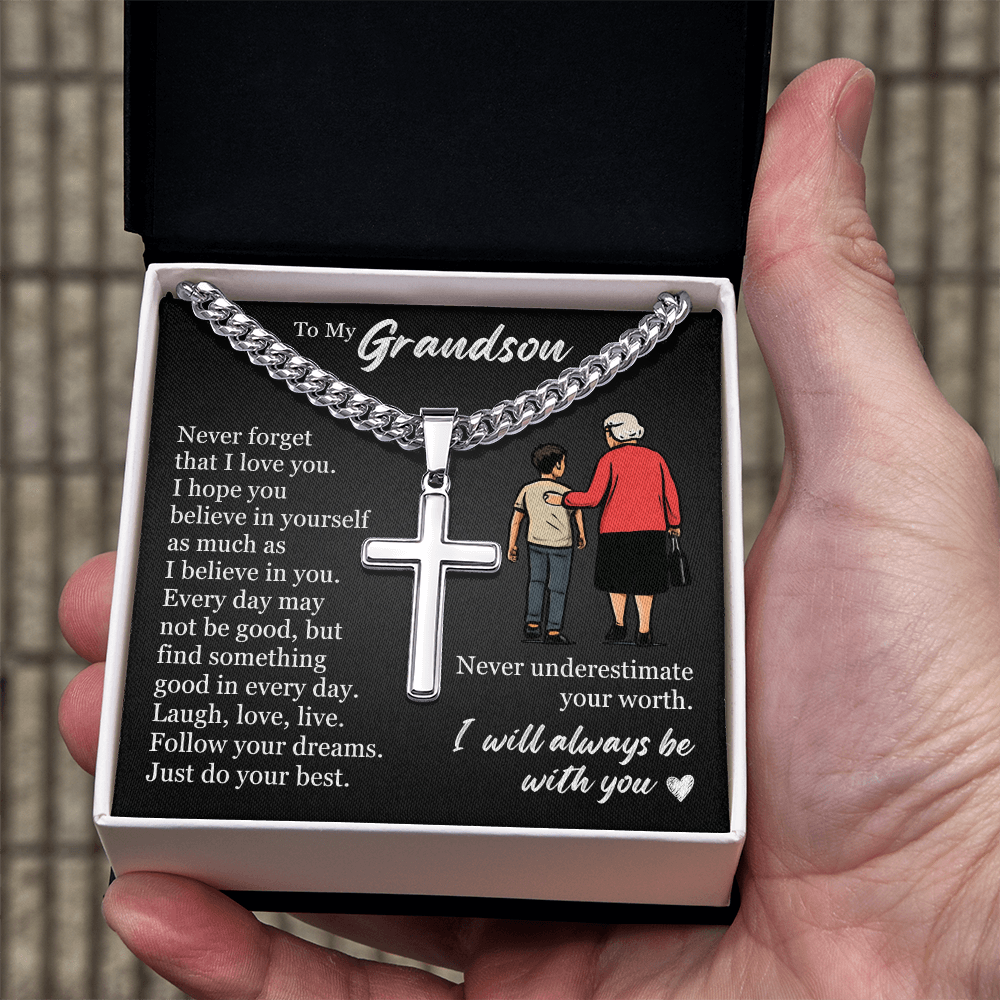 Cross Cuban Link Chain - To My Grandson "Never Underestimate Your Worth"