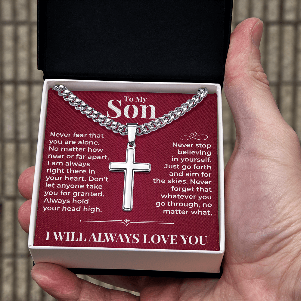 Cuban Chain with Cross Necklace - To My Son "Never Stop Believing In Yourself"