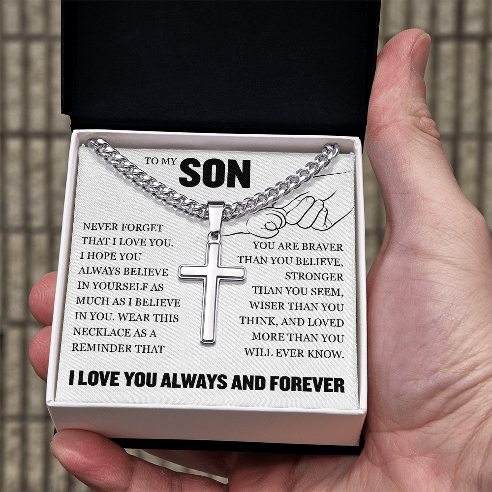 Cross Cuban Link Chain - To My Son "Never Forget That I Love You"