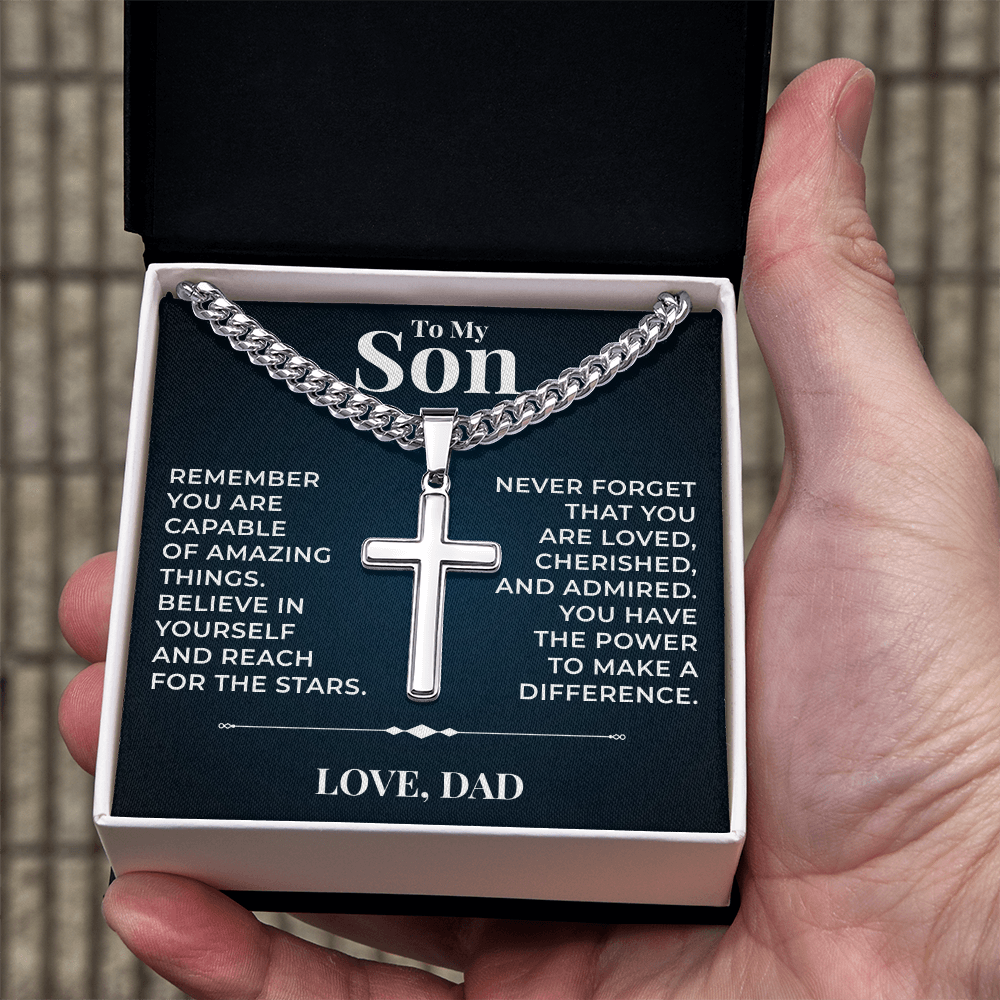Cuban  Chain with Cross Necklace - To My Son "Reach For The Stars"
