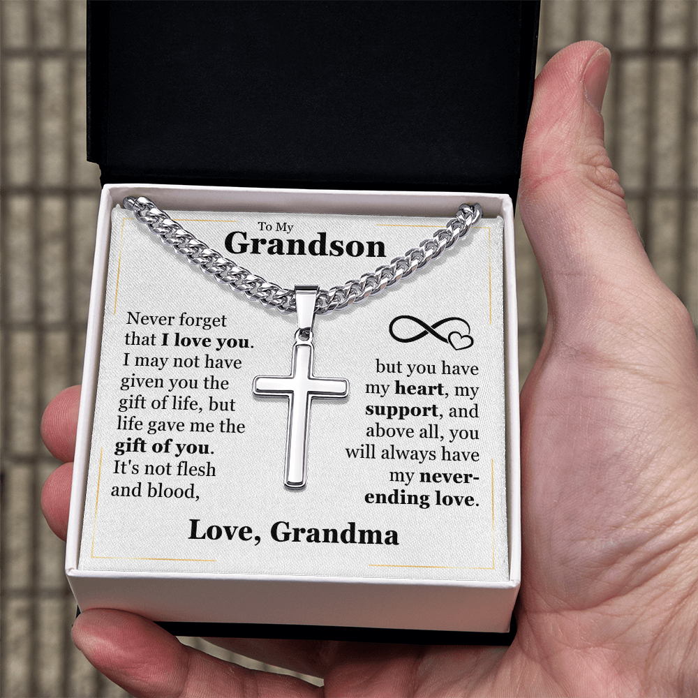Cross Cuban Link Chain - To My Grandson "Never Forget That I Love You"