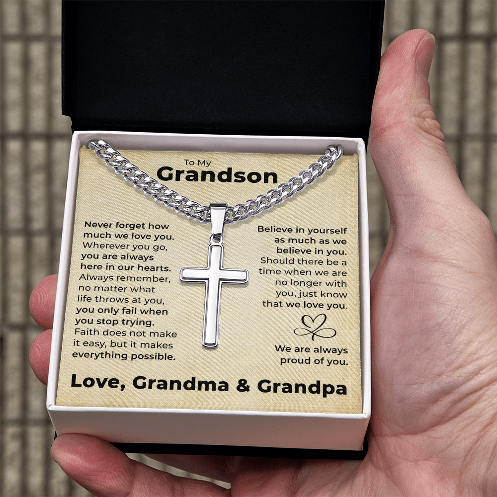 Cross Cuban Link Chain - To My Grandson "You Are Always in Our Hearts"