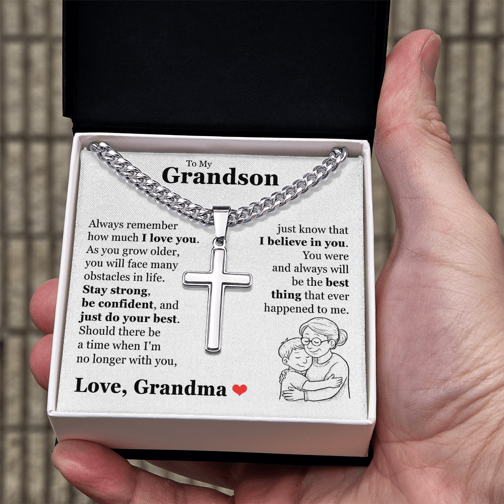 Cross Cuban Link Chain - To My Grandson "Always Remember How Much I Love You"