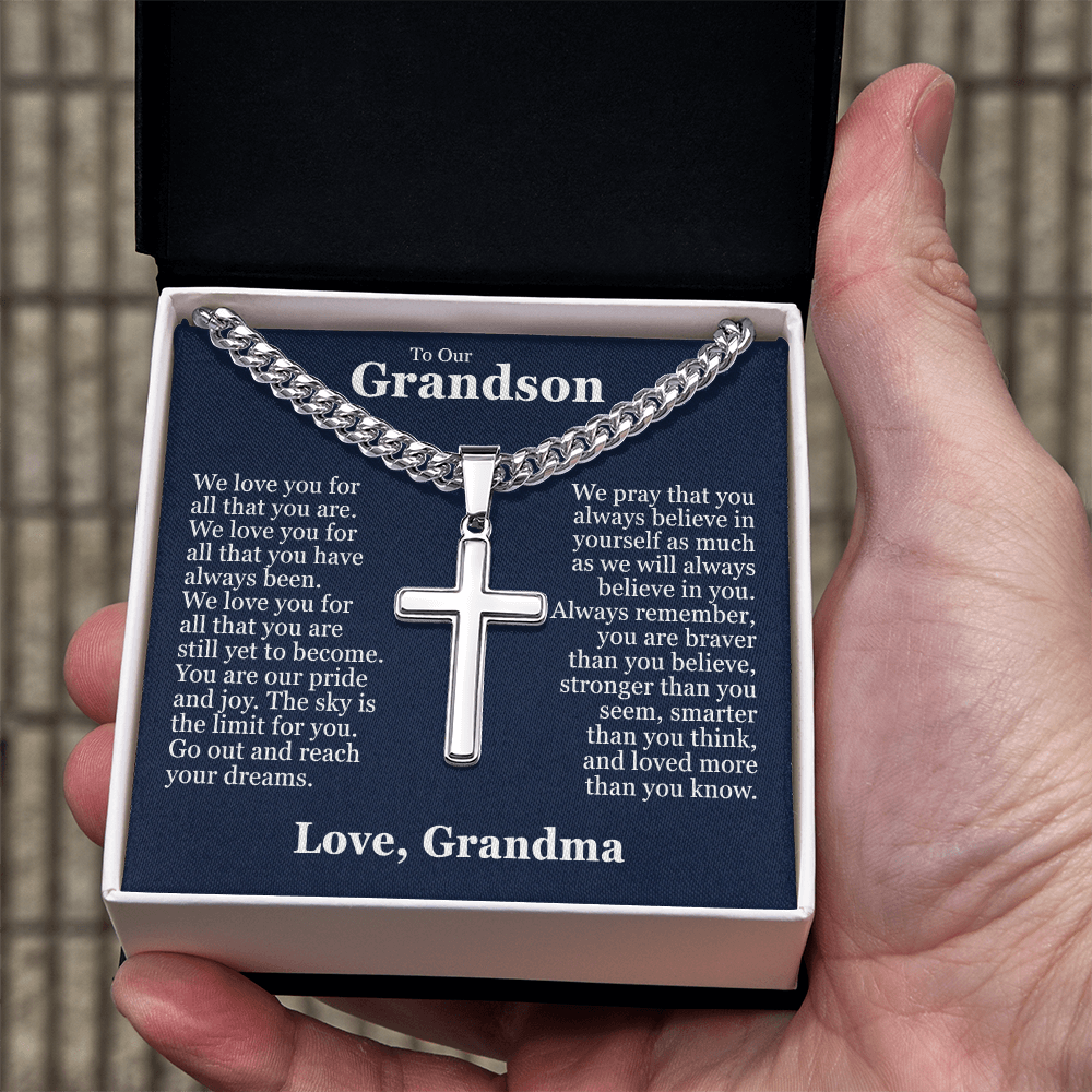 Cross Cuban Link Chain - To Our Grandson "We Love You"