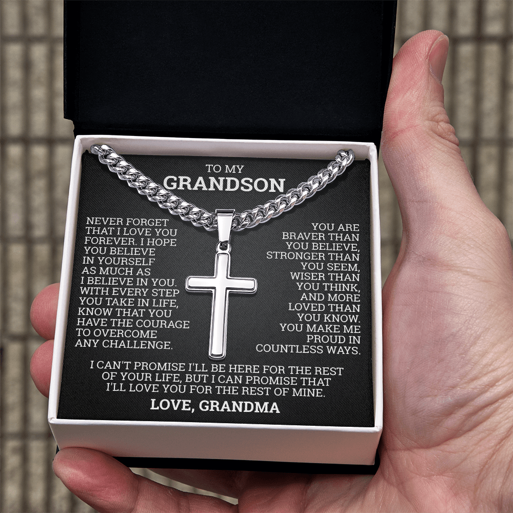 Cross Cuban Link Chain - To My Grandson "You Are Braver Than You Believe"