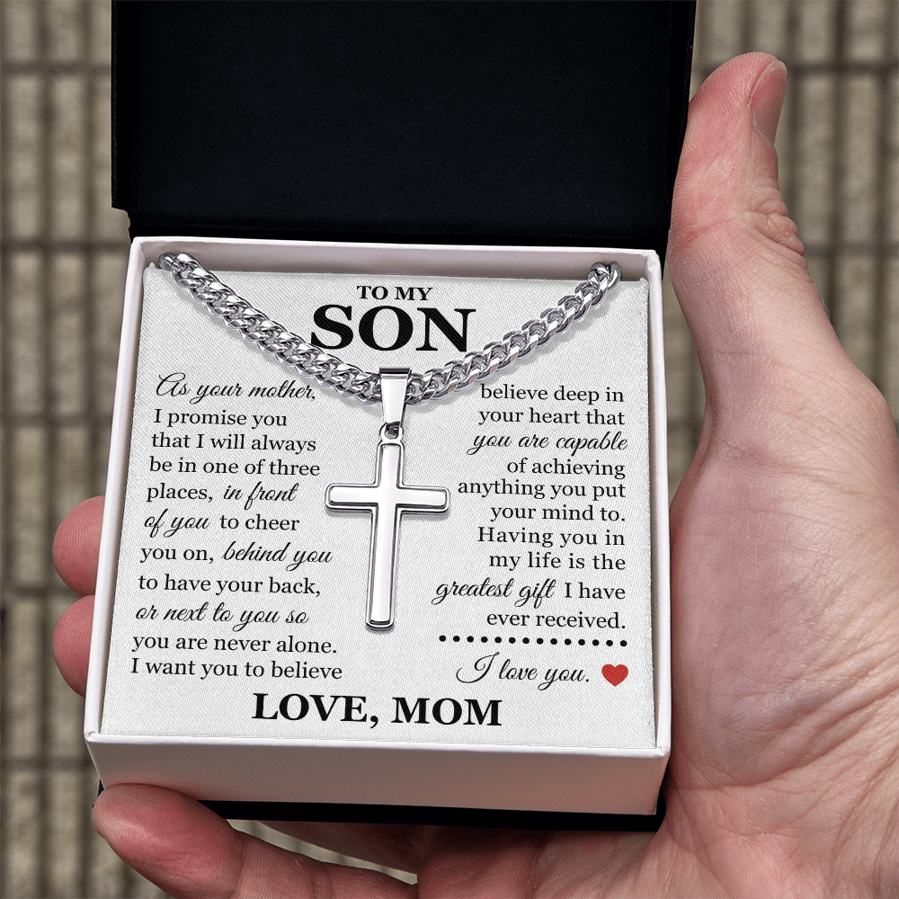 Artisan Cross with Cuban Link Chain - To My Son "You Are Never Alone"