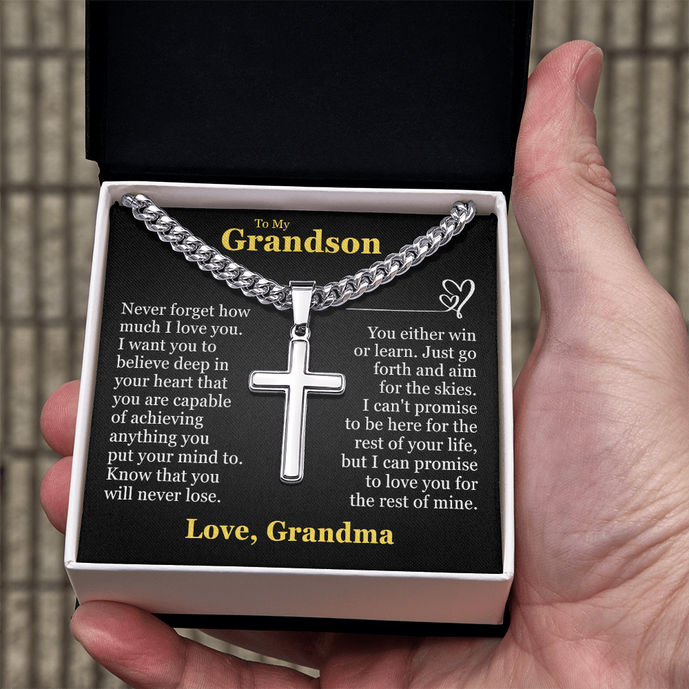 Cross Cuban Link Chain - To My Grandson "You Either Win or Learn"