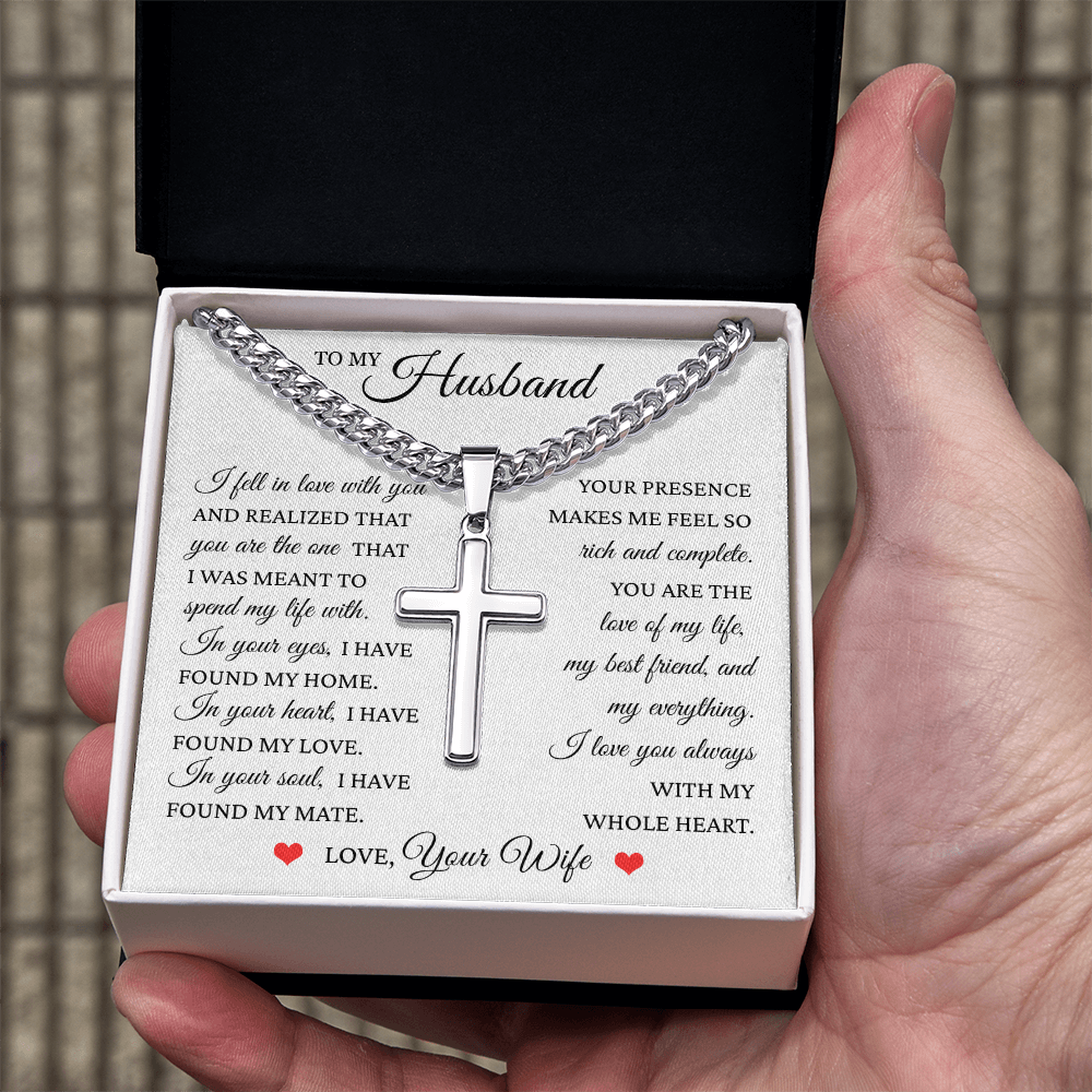 Cross Cuban Link Chain - To My Husband "I Have Found My Home"