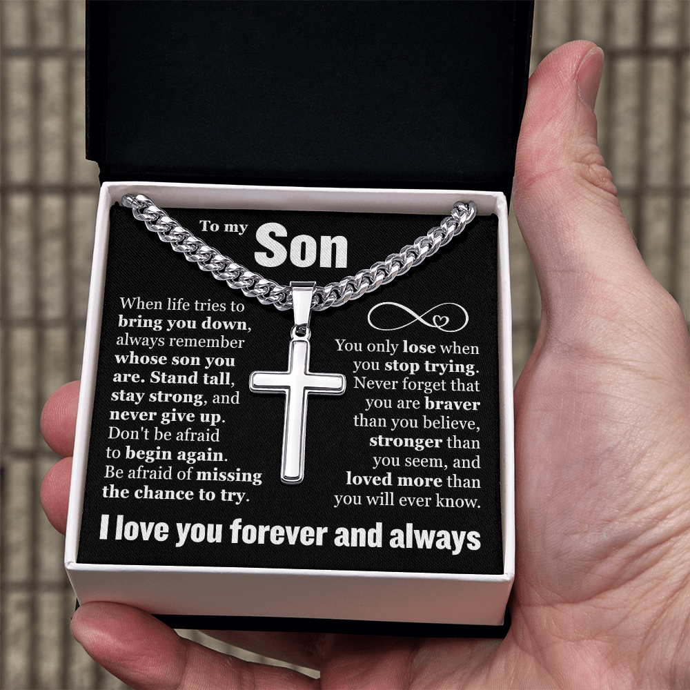 Cross Cuban Link Chain - To My Son "Never Give Up"