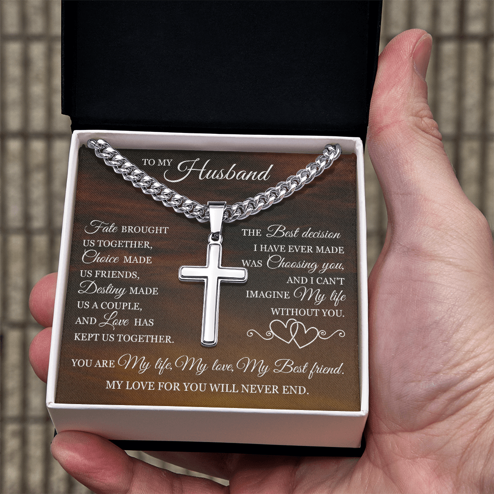 Cross Cuban Link Chain - To My Husband "Fate Brought Us Together"
