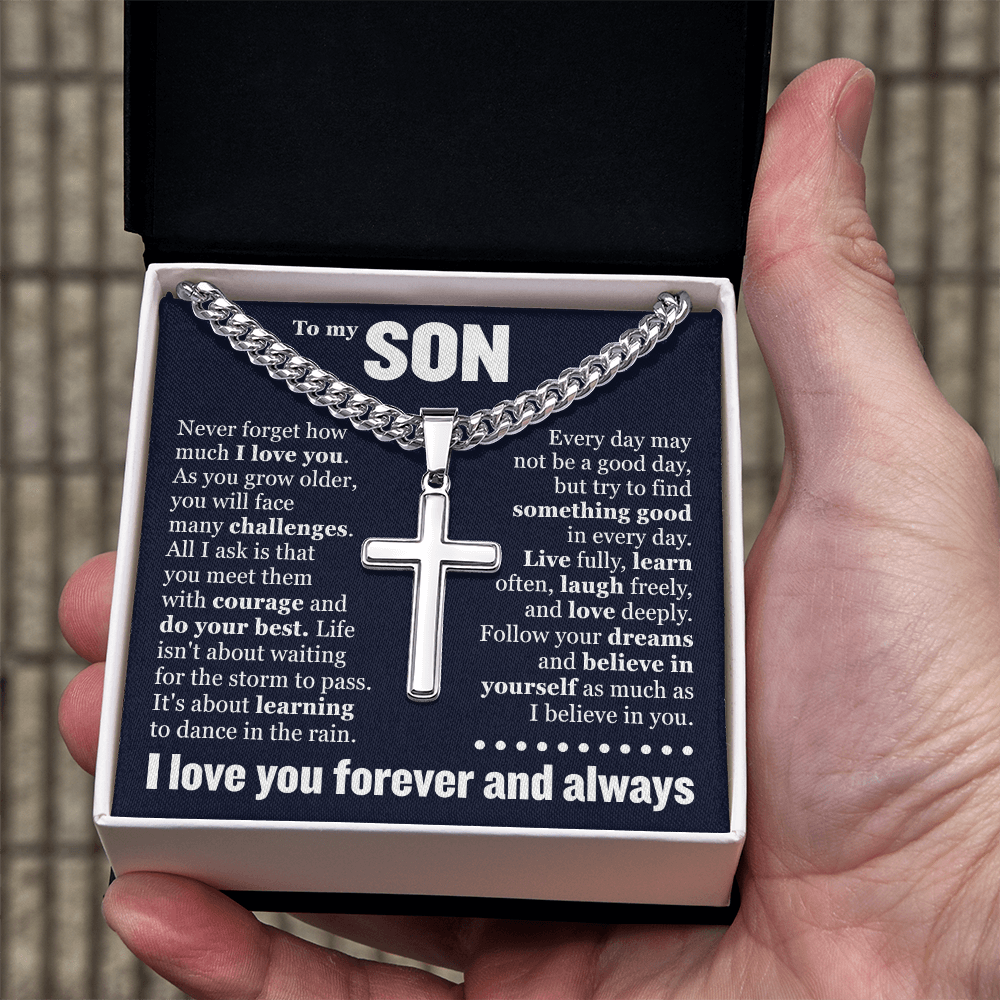Cross Cuban Link Chain - To My Son "Never Forget How Much I Love You"