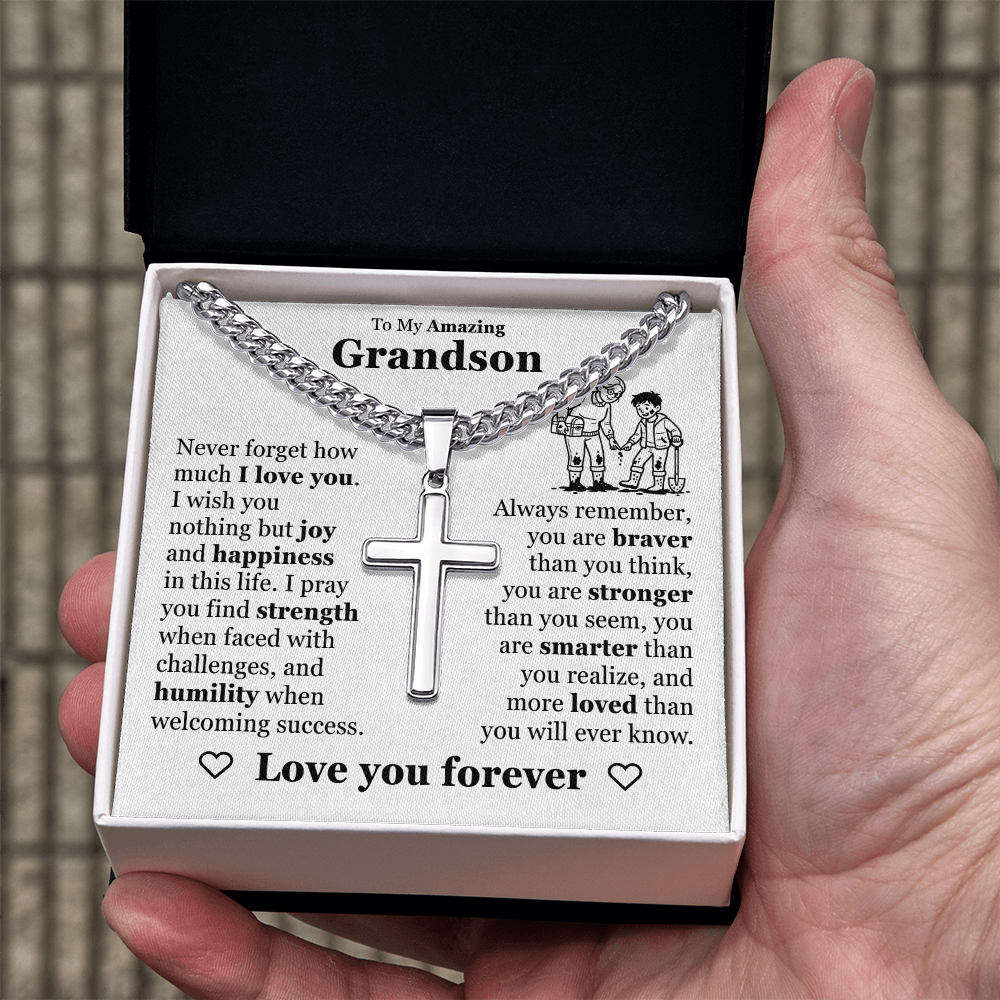 Cross Cuban Link Chain - To My Grandson "Never Forget How Much I Love You"