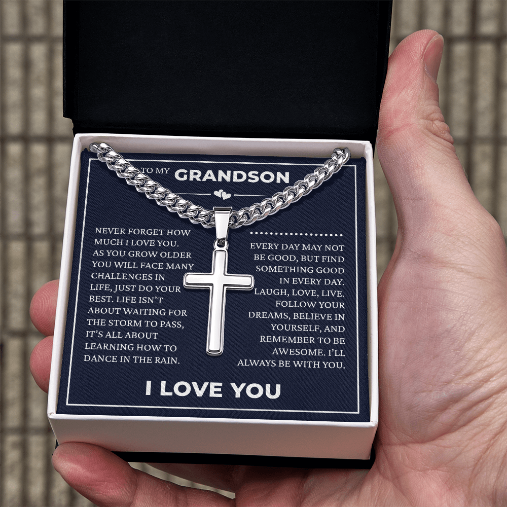 Cuban Chain with Cross Necklace - To My Grandson "I'll Always Be with You"