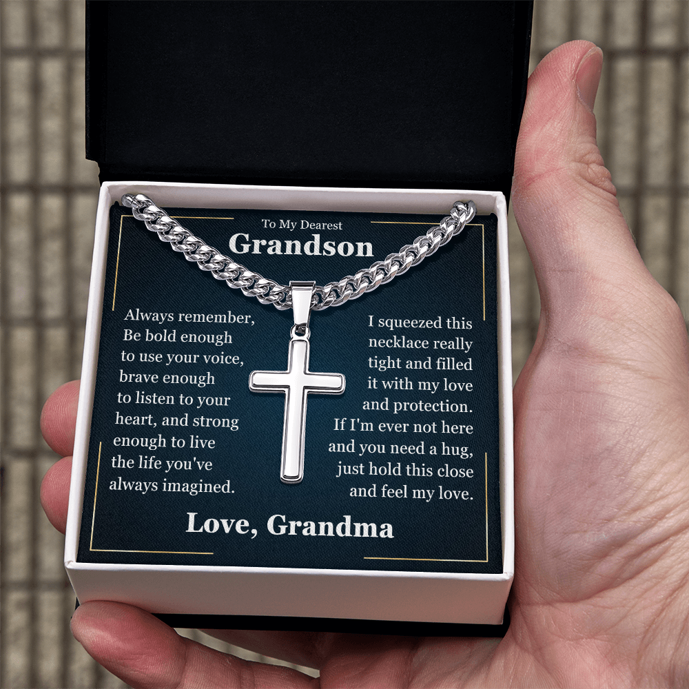 Cross Cuban Link Chain - To My Grandson "Just Hold This Close and Feel My Love"