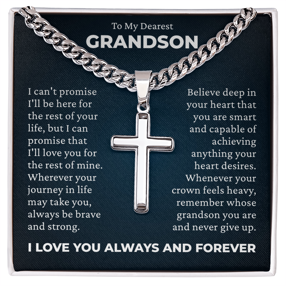 Cross Cuban Link Chain - To My Grandson "Always Be Brave and Strong"