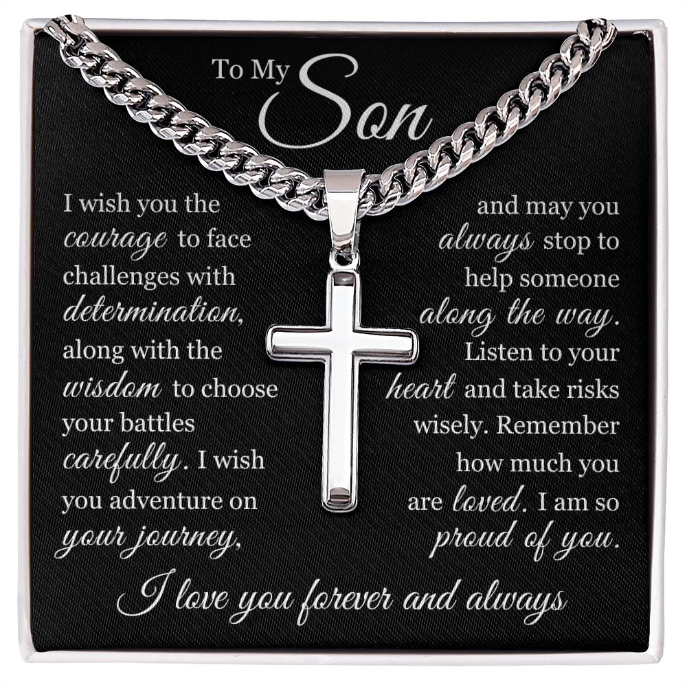 Cross Cuban Link Chain - To My Son "Face Challenges With Determination"