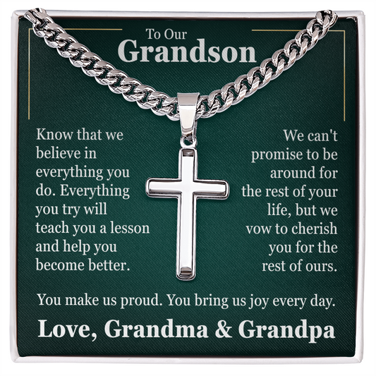 Cross Cuban Link Chain - To Our Grandson "You Make Us Proud"