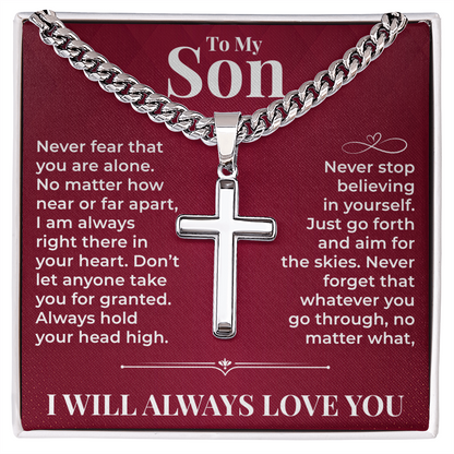 Cuban Chain with Cross Necklace - To My Son "Never Stop Believing In Yourself"