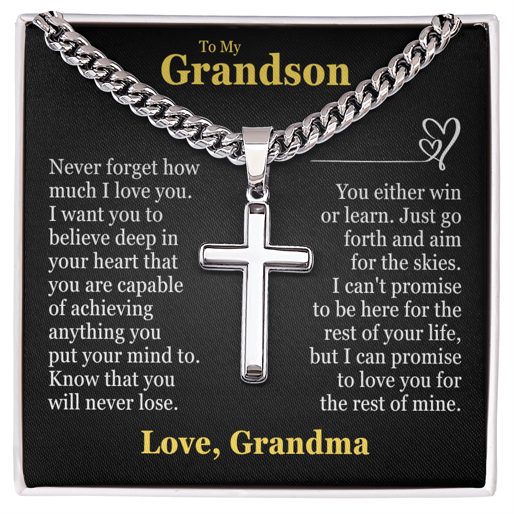 Cross Cuban Link Chain - To My Grandson "You Either Win or Learn"