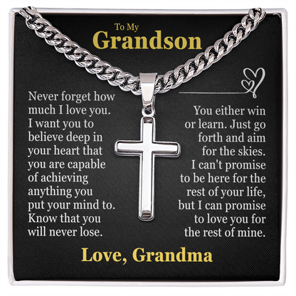 Cross Cuban Link Chain - To My Grandson "You Either Win or Learn"