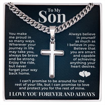 Cuban  Chain with Cross Necklace - To My Son "Always Be Brave"