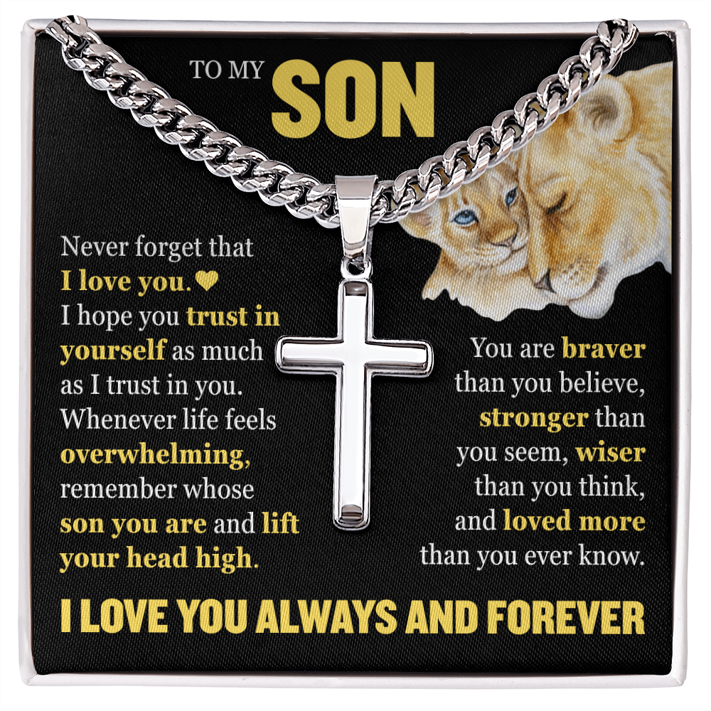 Cross Cuban Link Chain - To My Son "Never Forget That I Love You"
