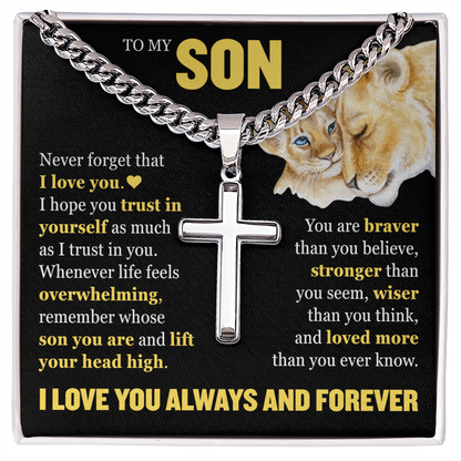 Cross Cuban Link Chain - To My Son "Never Forget That I Love You"